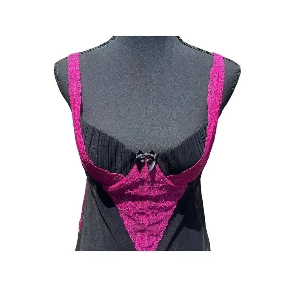 Fredericks of Hollywood Medium Hot Pink Black Lace Camisole dress lingerie